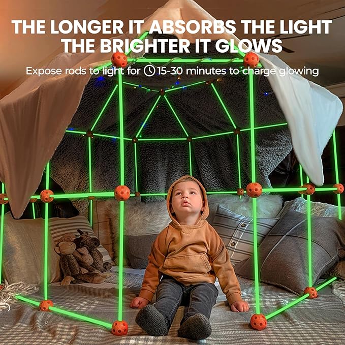 Tiny Land Glow Fort Building Kit for Kids Creative Fort Indoor & Outdoor Construction Toys with 86 Rods and 44 Balls for 5-12 Year Old Boys & Girls STEM Building Toy Gifts with Storage Bag