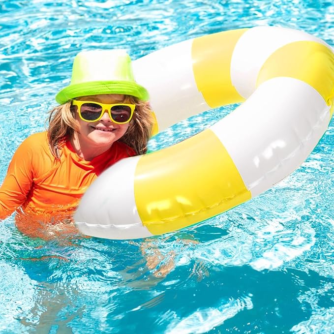 Whaline 4Pcs Inflatable Swimming Float Toy Striped Swim Ring Fun Print Pool Lounger Tube for Summer Swimming Beach Party