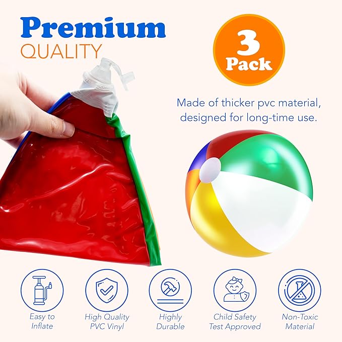 4E's Novelty Beach Balls [3 or 6 Pack] 20" Inflatable Beach Balls for Kids - Pool Games Toys for Kids & Toddlers, Classic Rainbow Color, Easter Outdoor Yard Games