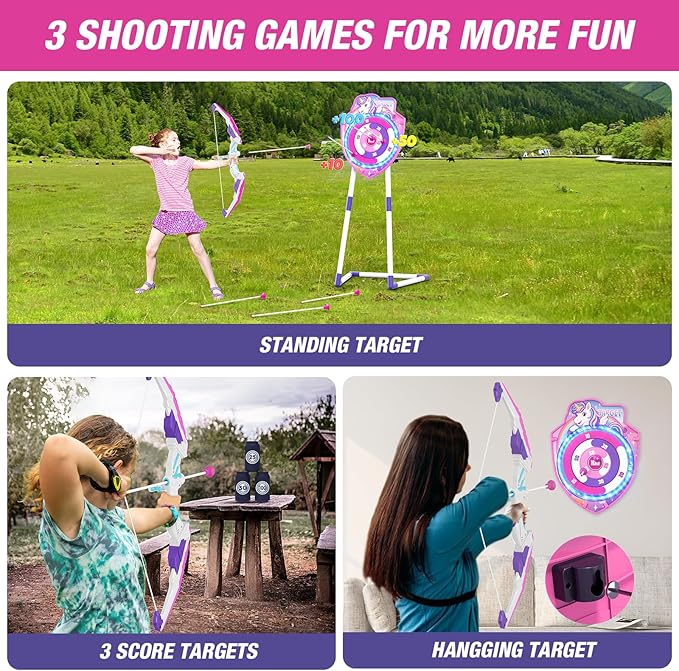 Bow and Arrow for Kids, LED Light Up Unicorn Archery Set with 12 Suction Cup Arrows, 1 Standing Glow Target, 3 Score Targets & 1 Quiver, Indoor Outdoor Sport Toys for Boys Girls Ages 4-12