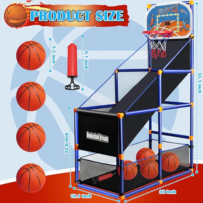 LED Arcade Basketball Game Set w/Electronic Scoreboard for Kids, Boy Toys Basketball Hoop with 4-5 Balls for 3-12 Years Old, Adjustable Height w/Pump & Storage Net for Indoor Outdoor Sports Play