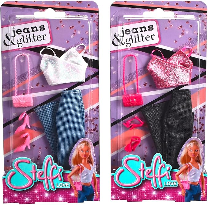 Steffi Love Jeans & Glitter, 2 Assorted Models, Only One Item Delivered, Shiny Top with Jeans and Fashion Accessories, for 29 cm dolls, without doll, from 3 years