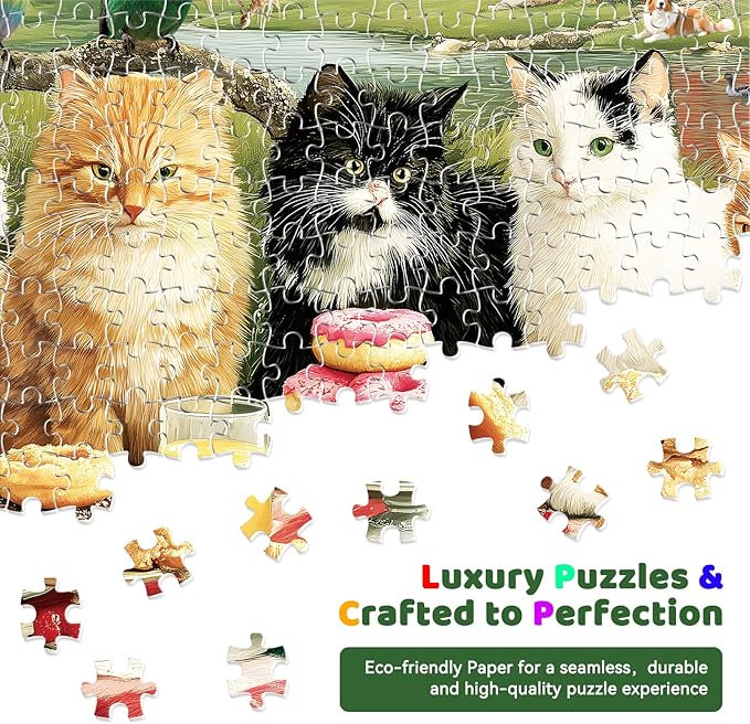 300 Piece Puzzles for Adults, Spring 300 Piece Puzzles for Adults Large Piece, Cats Having Picnic Jigsaw Puzzle Funny Gift for Adult Kids Challenging Family Games Toy, 20.5 X 15 in