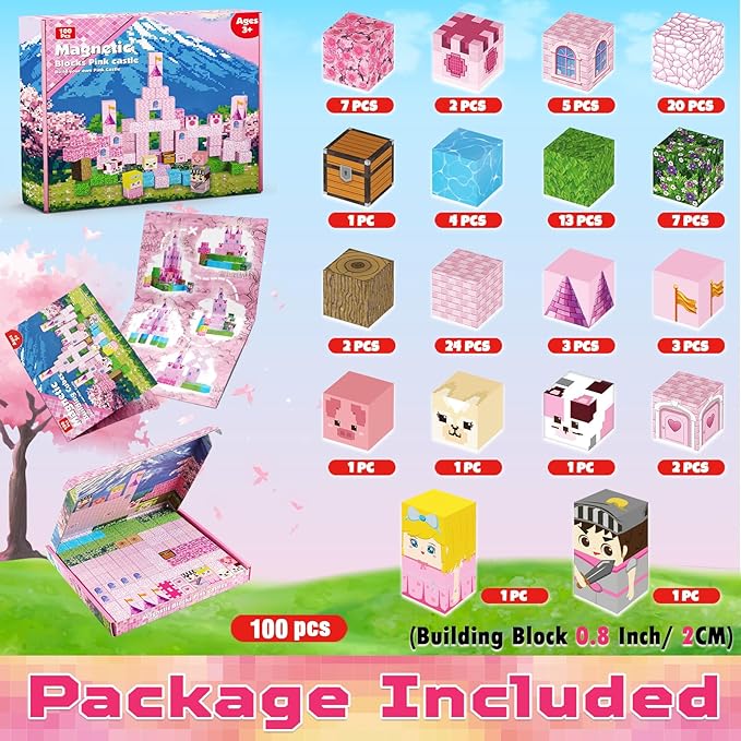 Magnetic Blocks - 100PCS Magnetic Building Block for Kids, Build Pink Princess Castle Magnet Cubes Sets, Princess Toys for Girls Ages 3 4 5 6 7 8-12 Easter Birthday Gifts Construction STEM Toys