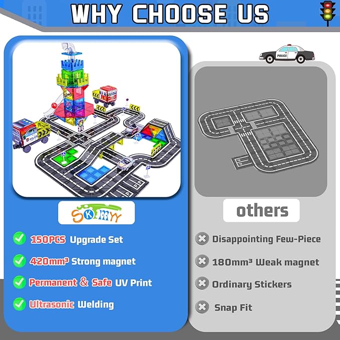 150PCS Magnetic Tiles Road Set with Marble Run, Preschool Magnet Tiles Included Magnetic Cars. STEM Magnetic Tiles for Kids, Preschool Educational Building Toys for Boys & Girls