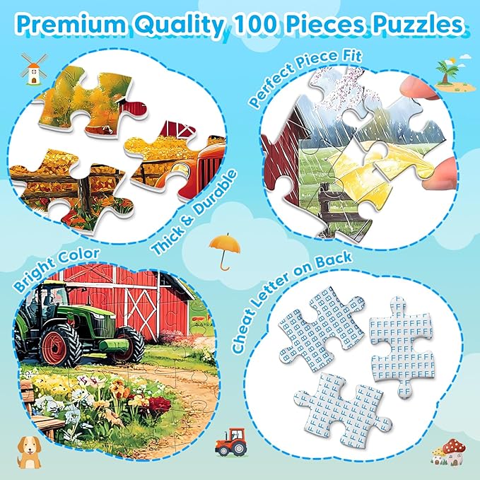 100 Piece Puzzles for Kids Ages 4-6 6-8 8-10, Farms & Beach Resort Jigsaw Puzzles for Seniors 100 Pieces Puzzle for Adults, Educational Learning Toys Gifts for Girls Boys 4-Pack 15"x11"