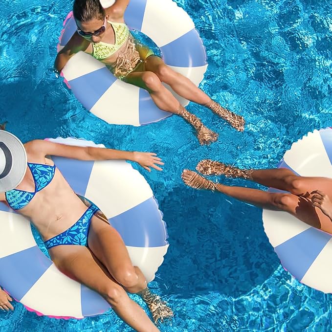 Whaline 4Pcs Inflatable Swimming Float Toy Striped Swim Ring Fun Print Pool Lounger Tube for Summer Swimming Beach Party