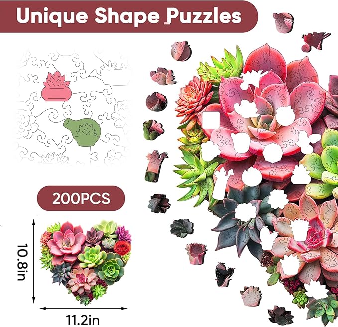 Wooden Puzzles for Adults,Heart Succulent Wooden Jigsaw Puzzles for Adults and Kids 500 Pieces,Unique Shaped Flower Plant Liberty Puzzles,Fun Challenging Family Games,17.3"x18.4"