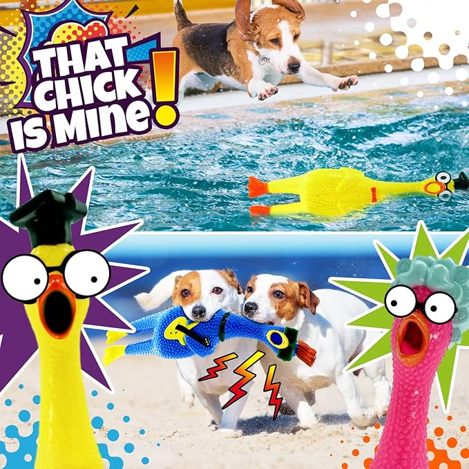JA-RU Screaming Rubber Chicken Toy (3 Chickens Assorted) Squishy Chicken Toys for Kids. Funny Noise Maker Prank & Gag Gifts. Sensory Stress Relief Toy. Rubber Dog Toys. 1704-3s