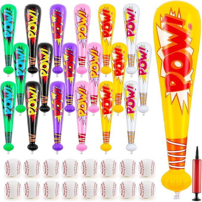 Seematn 18 Sets Inflatable Baseball Bats and Baseballs Set Includes 17 Inch Pow Inflatable Baseball Bats and 2.5 Inch Mini Foam Baseballs for Sports Party Favor Carnival Birthday (Fresh Color)