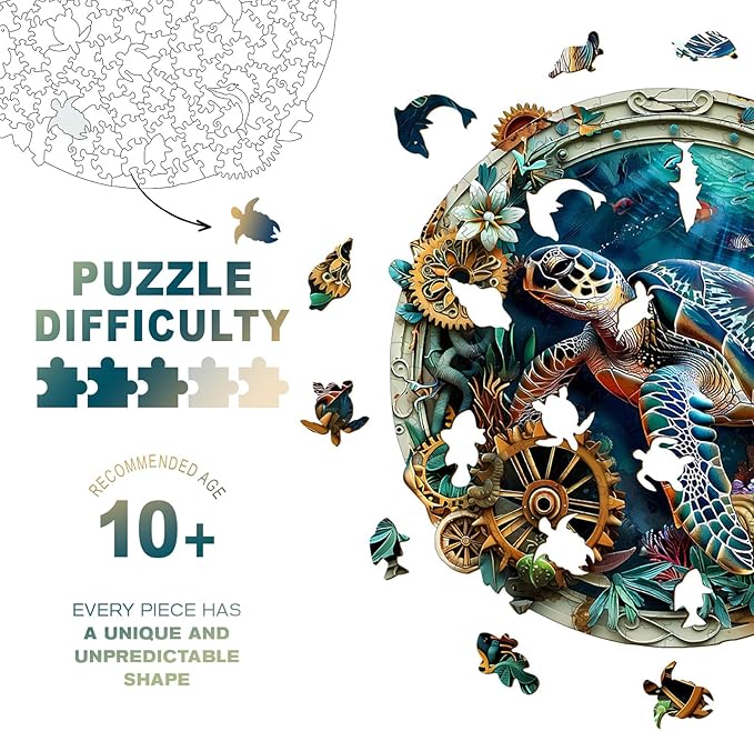 Wooden Jigsaw Puzzles, Embossed Turtle Wooden Puzzles for Adults with Unique Shape, Adult Jigsaw Puzzle, Birthday Gifts for Adults, 8.5"x8.4"-100pcs