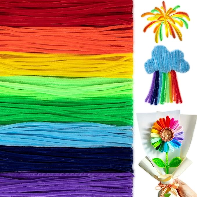 Peryiter 500 Pieces Pipe Cleaners Chenille Stems for Flowers Craft Supplies Bulk Fluffy Fuzzy Sticks for DIY Art Projects Creative Gift Wrapping Party Decorations(Rainbow Color,12 Inch)