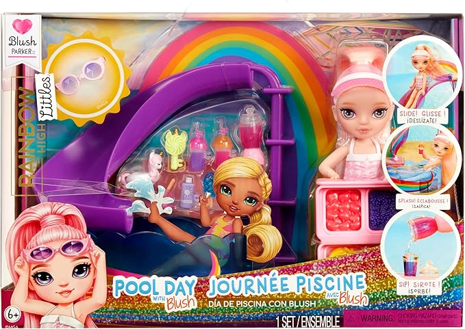 Rainbow High Littles Pool Day Playset + Small Doll (Pink 5.5”), Pool with Rainbow Slide, Accessories, Smoothie Stand, Kids Gift Ages 4+