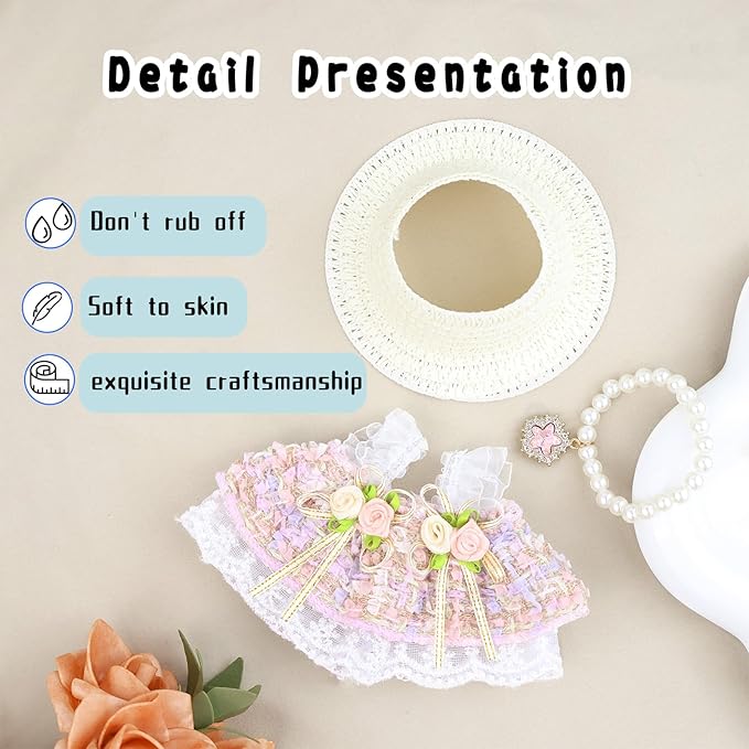 Clothes for labubu Skirt Set for Doll 3 Piece Set with Dress Outfit Hat Necklace Chic Dress for Dolls Accessories (NO Doll)(Pastel Tweed)