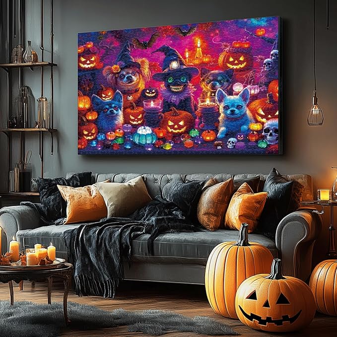Puzzles 1000 Pieces for Adults,Two Pack Glow in The Dark - Spooky Cat & Dog Party Jigsaw Puzzle, Challenging Animal Theme Gift, 26.77x19.29 Inch
