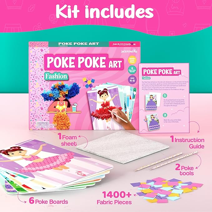 jackinthebox Poke Poke Art for Kids - Fashion Theme, Mess-Free Fabric Art and Craft, Flower Pressing Kits, Easter Gifts for Girls Ages 4 5 6 7 8