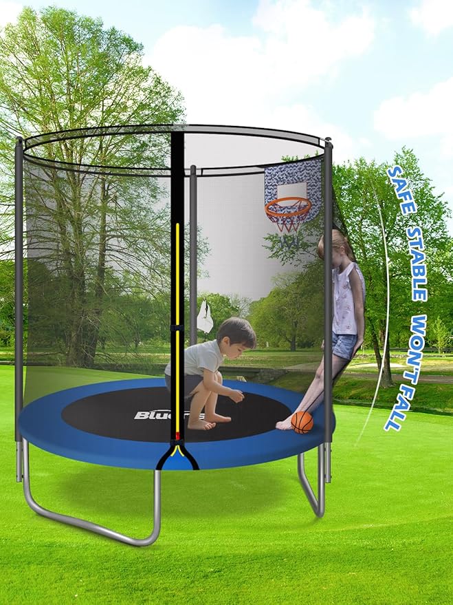BLUERISE 55IN 6FT Toddler Trampoline for Kids Indoor Outdoor Play for Kids Trampoline Basketball Hoop Attachment with Enclosure Net Easy to Assemble
