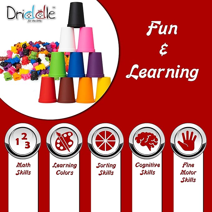 Driddle Colorful Counting Bears with Matching Cups - 100 Bears - Sort, Count & Color Recognition Learning Toy for Toddler & Kids - Montessori Education - Preschool Game