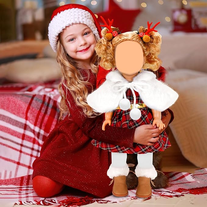 UPINS 18 Inch Doll Clothes and Accessories, Santa Costume Winter Doll Outfits Set Christmas Costume Playset Including Dress Fur Cape Tights Boots Hair Clips for Girls Gifts