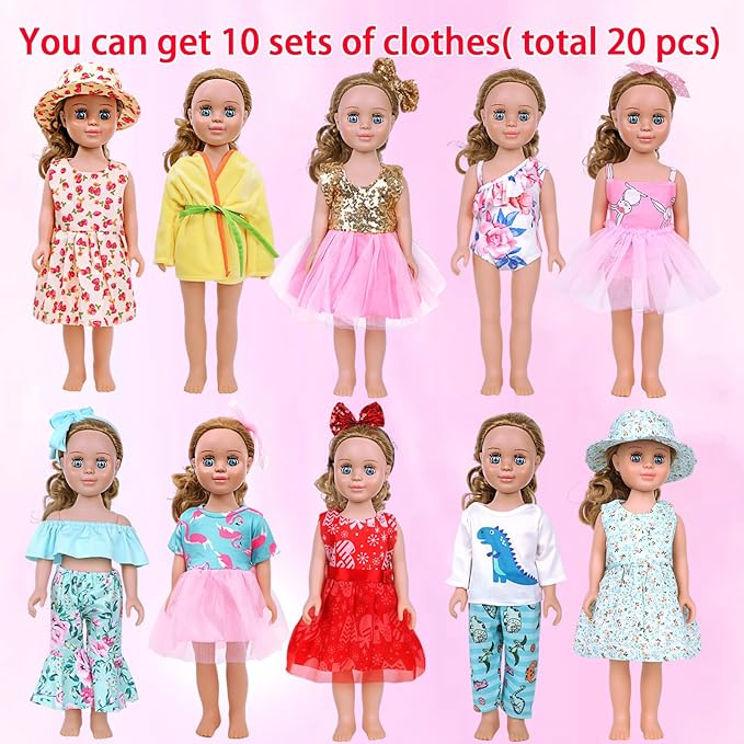 MSYO 10 Sets Doll Clothes Set for 17 - 18 Inch Dolls, 20 Pcs Fashion Outfits with Dresses & Accessories, Cute Doll Costumes for Girl Dolls