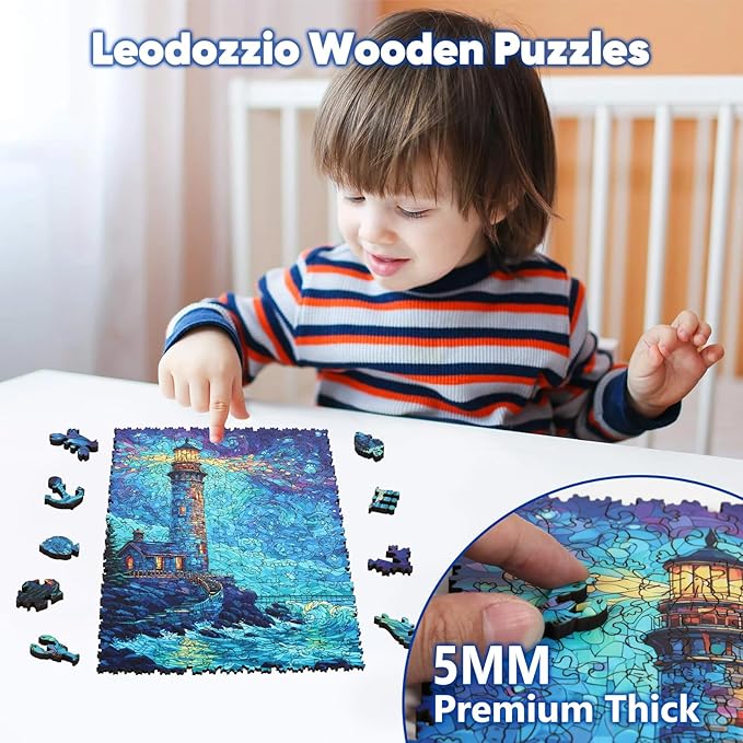 Leodozzio Lighthouse Wooden Jigsaw Puzzles 500 Pieces, Stained Glass Puzzle, 5MM Thick Unique Shaped Ocean Wooden Puzzle for Adults, Nautical Art Gift, Family Game, 12.2x16.1 Inch