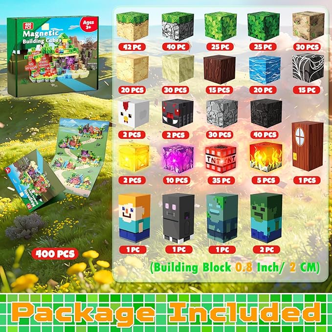 400 PCS Magnetic Blocks with Light Up Blocks - Magnetic Building Blocks, Magnetic Construction Cube Toys, STEM Sensory Learning Toys, Easter Christmas Birthday Gifts for Toddlers Boys and Girls Age 3+