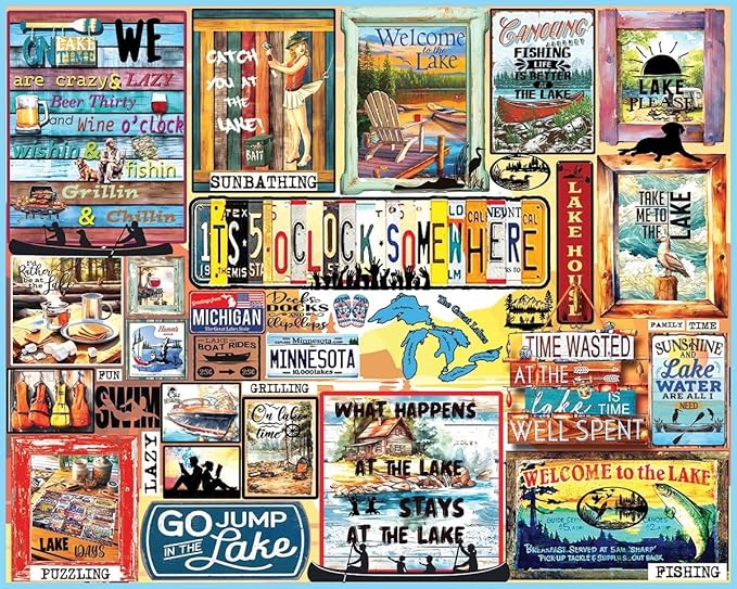 White Mountain 1000 Piece Jigsaw Puzzle Lake Lover Quote Collage Puzzles with Large Pieces Gift for Adults and Family 24"x30" - Lake Time