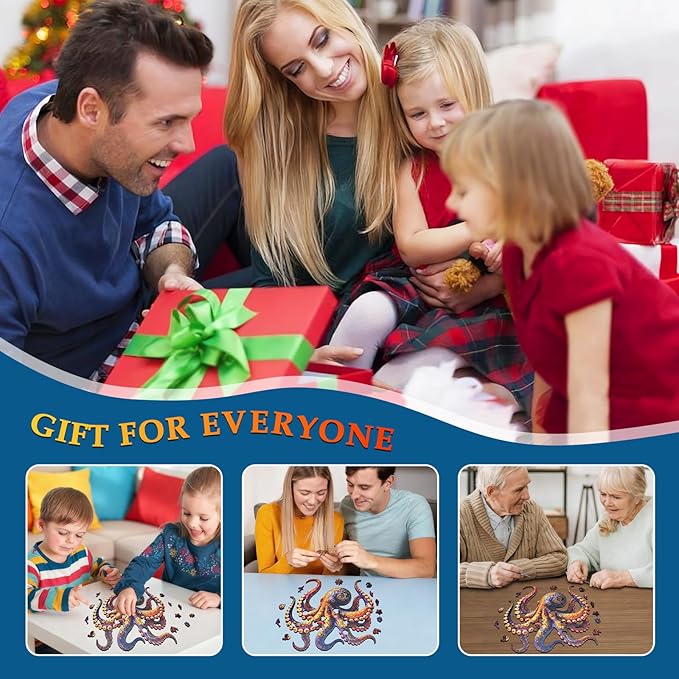 Wooden Jigsaw Puzzles for Adults and Kids, Octopus 200 Piece Unique Shaped Puzzle, Family Game and Creative Wooden Puzzle Gift, Wall Art Decor