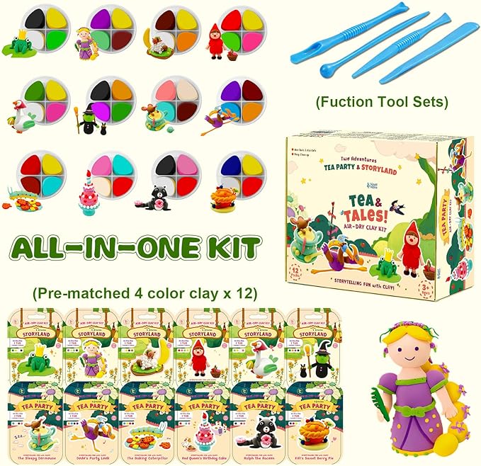 Air Dry Clay Kit for Kids Clay Craft Kits Tale Theme Story Figures 12Box Modeling Clay Set w/Tool&Tutorials,Ultra Soft Non-Sticky Bulk Craft Supplies for Classroom,Birthday,Party,Back to School Gifts