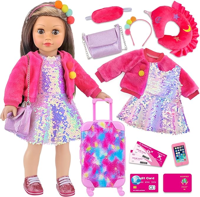 K.T. Fancy 18 Inch American Doll Clothes and Accessories, Doll Travel Suitcase Playset for Girls, Cute Travel Doll Clothes for 18 Inch Girl Doll(Not Include Doll & Shoes), Pink
