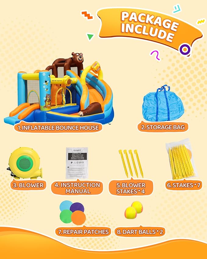 Inflatable Bounce House, Double Slide Bounce House for Big Kids, 6 in 1 Bear Jumping Castle with 450 Blower, Air Cushion, Ball Pit, Climbing Wall, Basketball Hoop