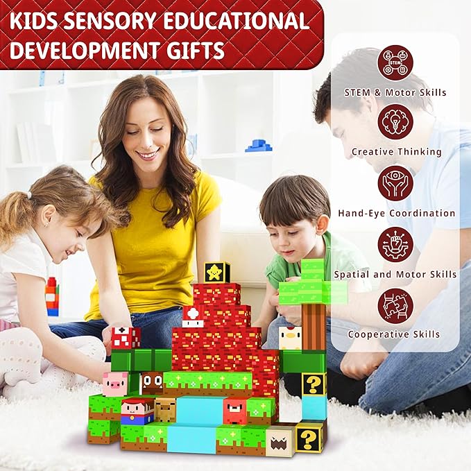 Magnetic Building Blocks Sandbox World Set, 150PCS Pixel Magnet Tiles with Characters & Waterfall Scene, STEM Educational Construction Toys for Kids 3+, Creative Birthday Gift for Boys & Girls