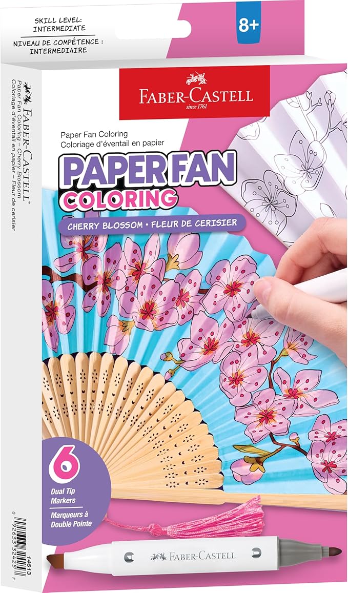 Faber-Castell Paper Fan Coloring Kit: Cherry Blossom | Folding Fans with Dual-Tip Markers & Pre-Printed Designs | Relaxing DIY Craft, Kids Activities and Easter Basket Stuffers (2 Fans, 6 Markers)