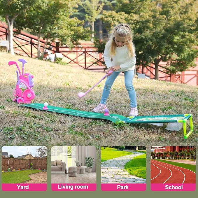 Toddler Golf Set for Boys Girls 1 2 3 4 Years Old, Upgraded Kids Golf Cart with Putting Mat & Cornhole Board, Outdoor Indoor Sports Toys, Pink
