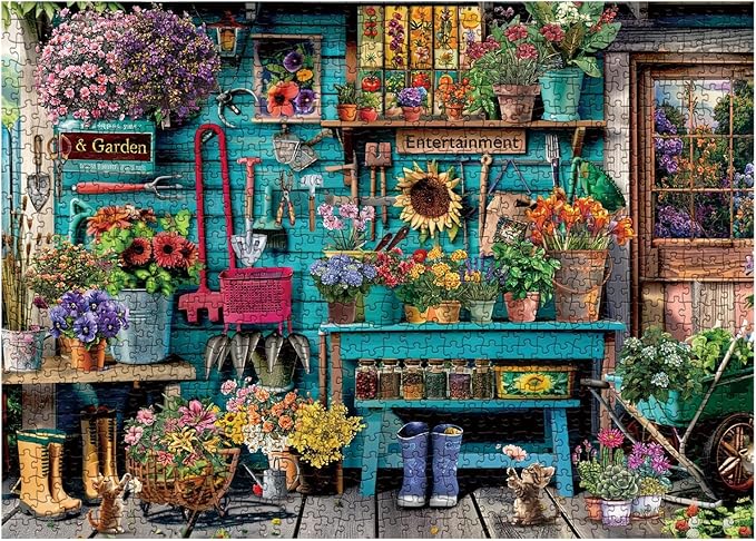 Flower Plant Gardening Puzzle 1000 Piece for Adults, Spring Nature Garden Jigsaw Puzzle, Cat Colorful Cabin Puzzles