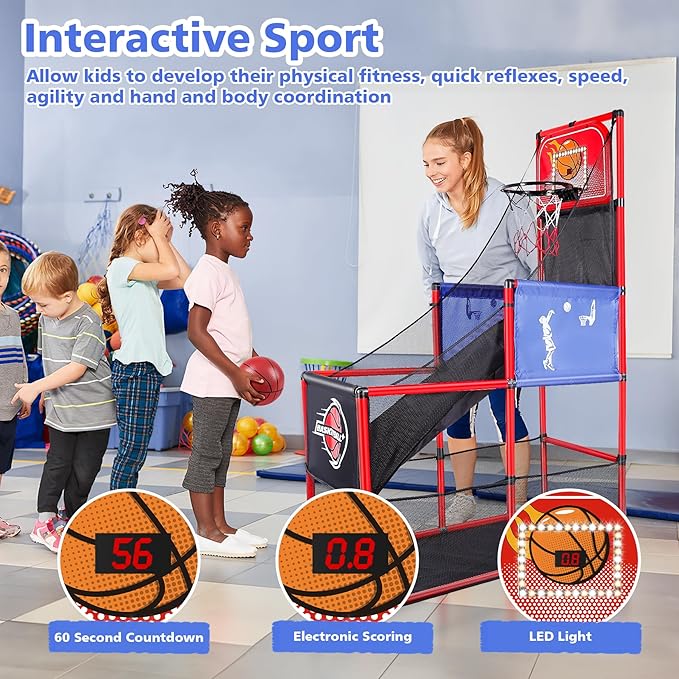 M SANMERSEN Kids Basketball Hoop Arcade Game Set with 4 Balls Electronic Scoreboard and LED Light, Indoor and Outdoor Play, Birthday/Halloween for 3-8 Year Old Boy and Girl