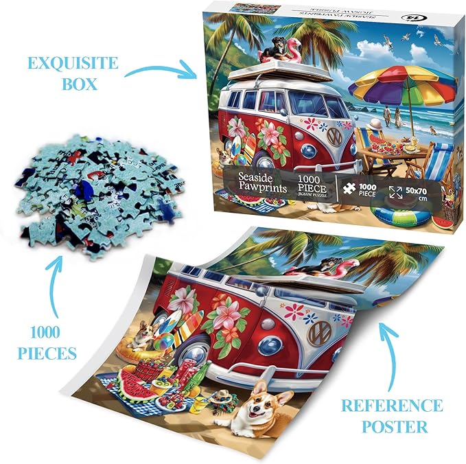 Summer Beach Ocean Puzzle for Adults 1000 Pieces, Funny Dog Seaside Camping Jigsaw Puzzle, Hawaii Nature Scenery Puzzle for Home Decor