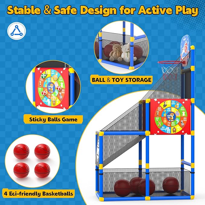 EagleStone 2-in-1 Kids Arcade Basketball Hoop with Dart Board,4 Balls Adjustable Height Basketball Toy Indoor Outdoor Carnival Games Gift for Boys Girls Toddlers Ages 3-6 Years Old,Pump Included