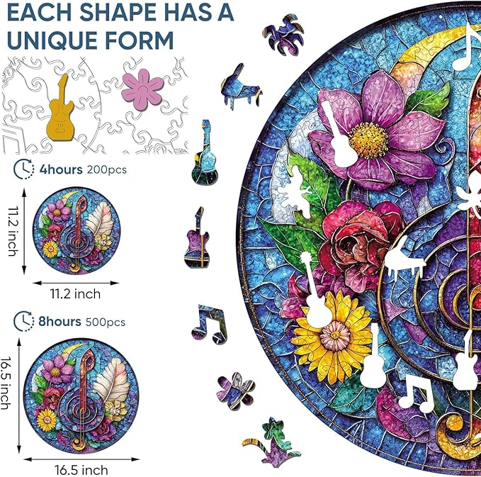 Reouinty Wooden Puzzles for Adults 200 Pieces, Flower Guitar Jigsaw Puzzle for Mom, Beautiful Wall Decor, Challenging Puzzle, Unique Shaped Wood Puzzles Piece, Gift for Family Game 11.2x11.2 in