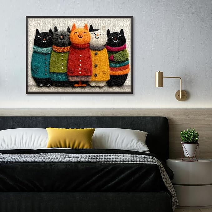Cat Puzzle for Adults,Cozy Cat Art Jigsaw Puzzle 1000 Pieces, Cute Colorful Kitten Puzzles Embroidery Style, Funny Whimsical Cat Puzzle Kitty Challenge