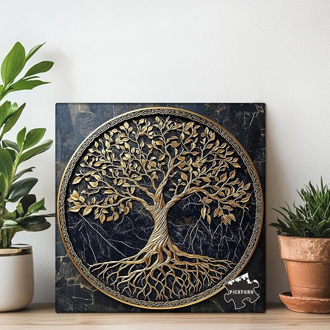 Tree of Life Jigsaw Puzzles 1000 Pieces for Adults, PICKFORU Gradient Tree Puzzle Black Gold, Challenging Spring Nature Plant Theme as Wall Decor