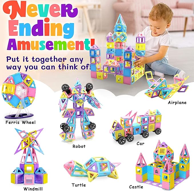 124PCS Magnetic Tiles Toys for 3 4 5 6 7 8+Year Old Boys Girls Upgrade Macaron Castle Blocks Building Set for Toddlers STEM Creativity/Educational Toys for Kids Valentines Day Christmas Birthday Gifts