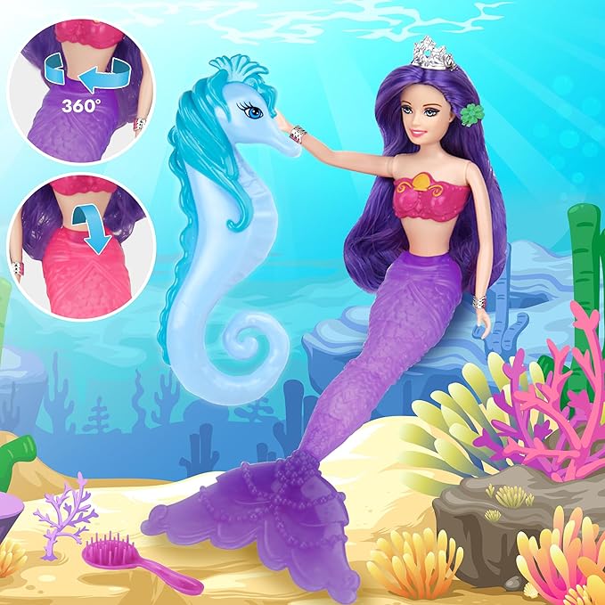 BETTINA Color Change Mermaid Doll Playset, Mermaid Princess Doll with Color-Changing Tail, Mermaid Toys with Seahorse & Accessories, Purple Hair
