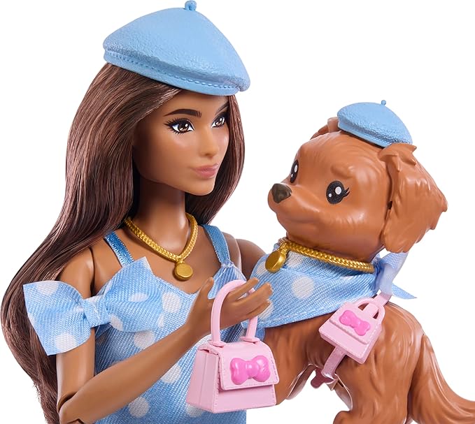 Barbie Twinning Looks Doll with Pet Dog in Matching Blue Polka Dot Clothes and Accessories for Both Like Berets and Purses, Brown Hair