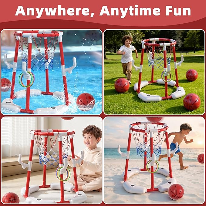Pool Basketball Hoop for Kids 4-8 & 8-12 Years Old - 2-in-1 Floating & Above Ground Water Game with 4 Balls, 12 Rings & Pump, Outdoor Play Swimming Pool Toy for Adult Summer Party