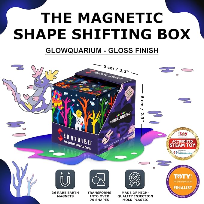 Shashibo Shape Shifting Box - STEM Fidget Toy with Ultra Strong Magnets - Sensory Puzzle Cube Transforms Into 100+ Shapes, Easter Basket Stuffers Gift for Kids, Teens, and Adults (Glowquarium)