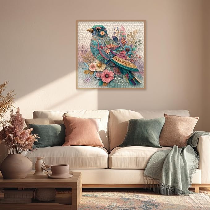 Vintage Flower Bird Puzzle 1000 Pieces for Adults, Colorful Totem Floral Collage Jigsaw Puzzle, Spring Bohemian Animal Art Puzzles