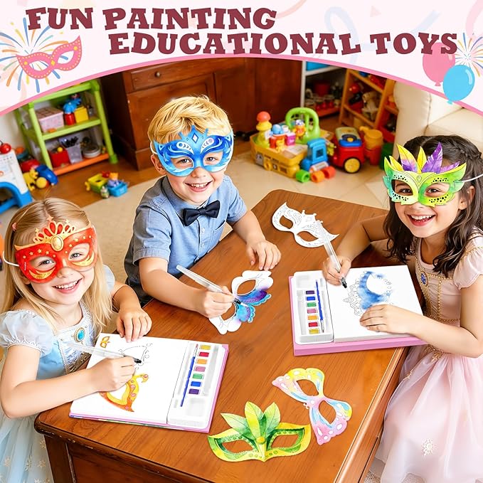 Paint with Water Coloring Books for Kids, 24 Pcs Paper Mache Masks Half Face, Princess Mardi Gras Mask Painting Book, Mess Free Watercolor Painting Kit, Painting Activity for Kids Gifts Ages 3-5 4-8 for Birthday Party Halloween Christmas