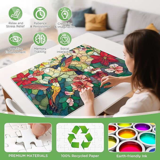 500 Pieces Puzzle for Adults - Vintage Paint Hummingbird Flower Puzzles - Stained Glass Birds Puzzle 500 Piece with Letters on Back Dust-Free,Fun Family Game,Gift for Men Women Seniors 20.5 x 15 in