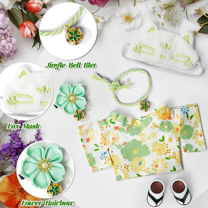 Clothes for 17cm Dolls,Outfit Accessories Kimono Set for 6.7inch Dolls Boys, Kawaii Chic Deigner Style Flower Hairbow+Green Clothing+Cute Mask+Clogs(NO Doll)